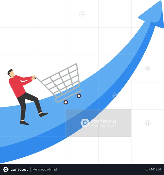 Businessman sales manager pushing shopping cart trolley role arrow  Illustration