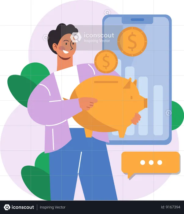 Businessman saves money in piggy bank  Illustration