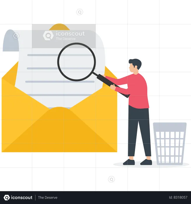 Businessman scan email with magnifying glass throw junk mail into bin  Illustration