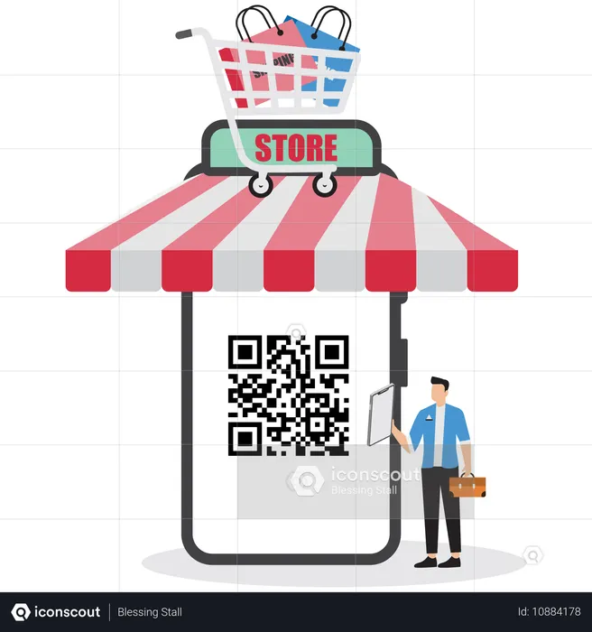 Businessman scanning QR code for shopping  Illustration