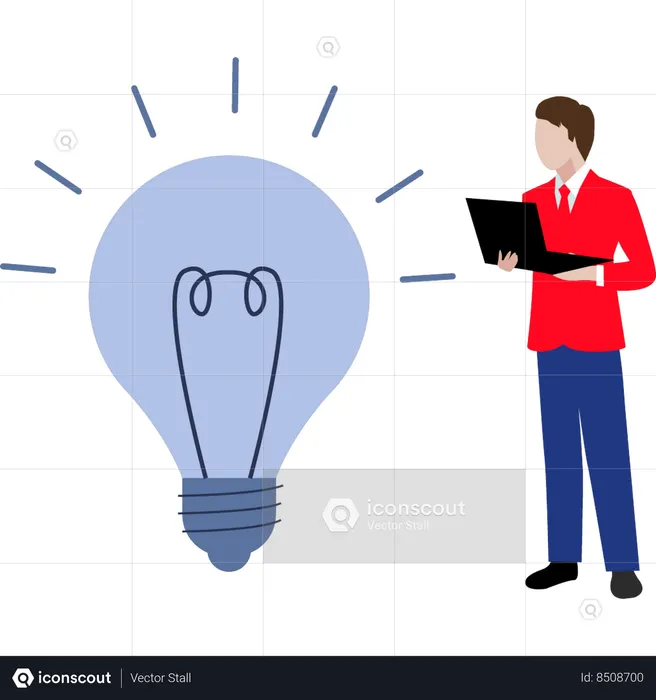 Businessman searches on laptop for creative ideas  Illustration