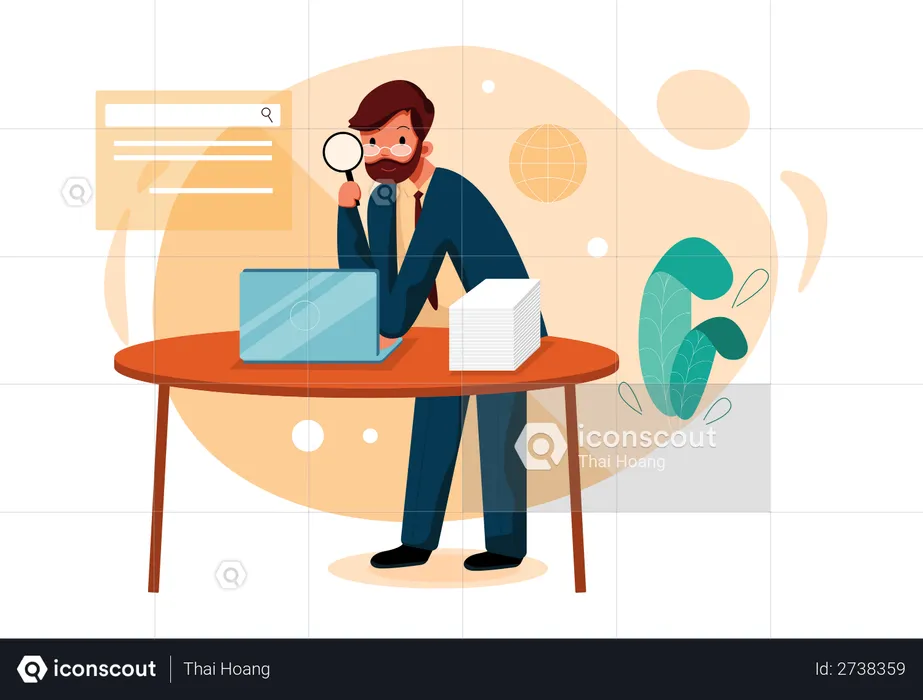 Businessman searching files on laptop  Illustration