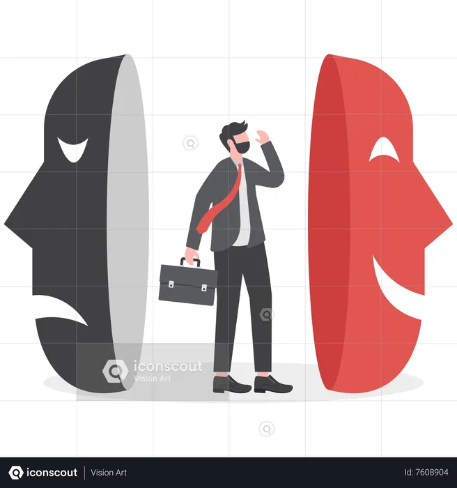 Businessman searching identity masks with happy or sad expressions  Illustration