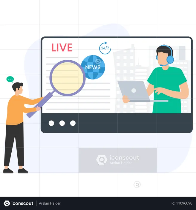 사업가가 라이브 뉴스를 검색하고 있다  일러스트레이션