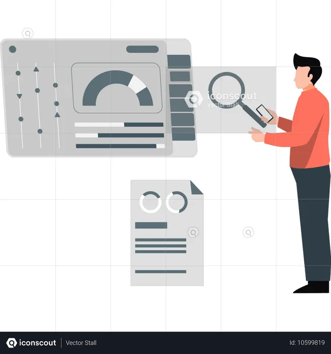 Businessman searching pie chart bay magnifying glass  Illustration