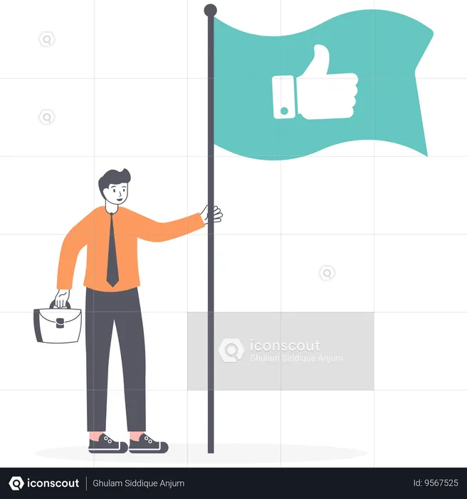 Businessman set green flag with sign Thumbs up  Illustration