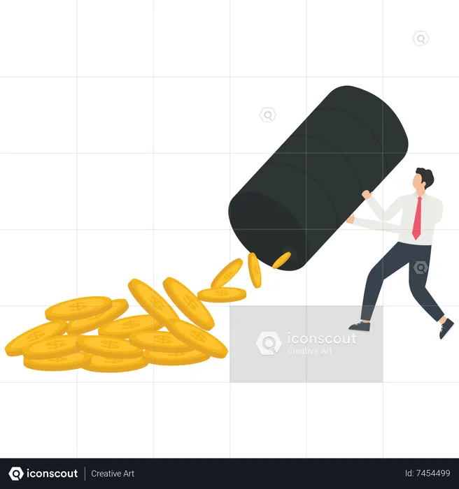 Businessman shakes oil barrel and pours more money from it  Illustration