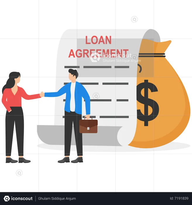 Businessman shaking hand with loan agreement and money bag  Illustration