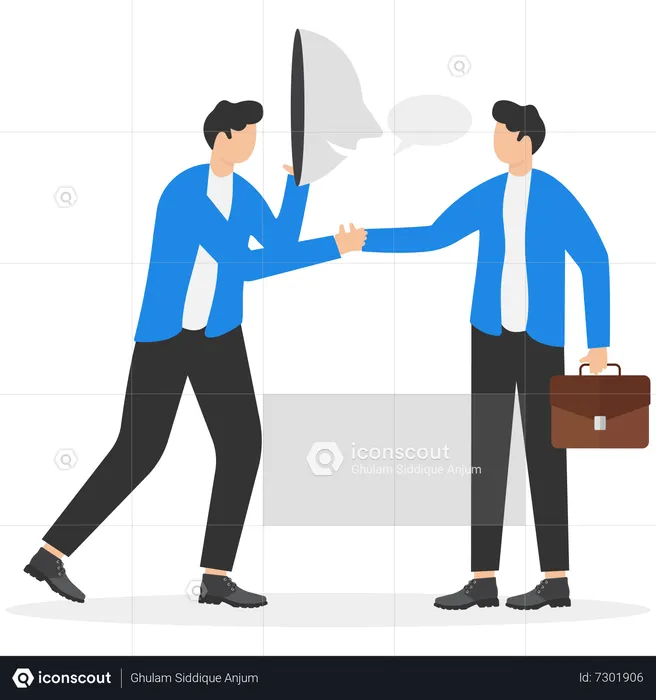Businessman shaking hands with his partner hiding behind mask  Illustration