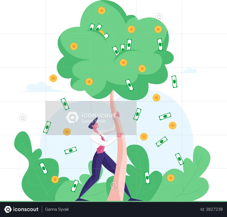 Businessman Shaking Money Tree with Dollar Coins Falling from Branches  Illustration