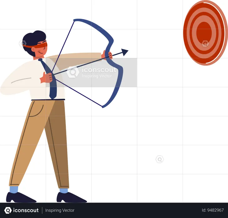 Businessman shooting target using arrow and bow with blind eye  Illustration