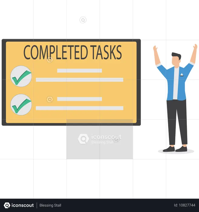 Businessman shouts cheers on a tablet with all completed tasks  Illustration