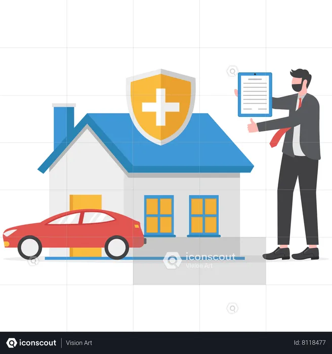 Businessman showing insurance for house and car  Illustration