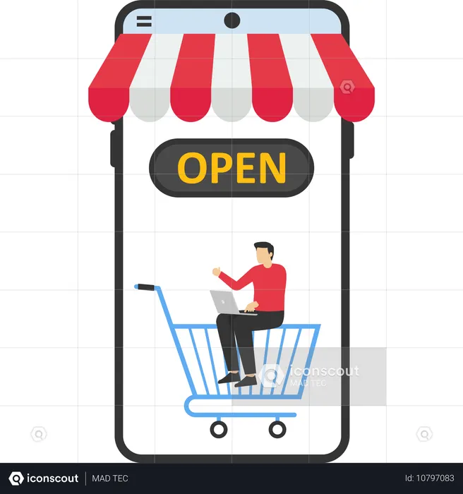 Businessman showing online small open business  Illustration