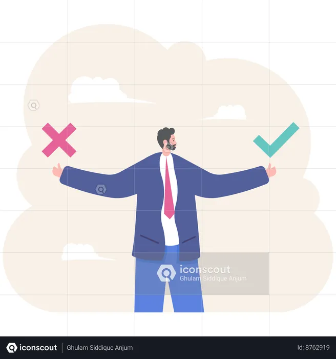 Businessman showing right or wrong concept difficult choices in business  Illustration