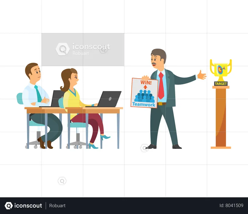Businessman showing strategy for winning business trophy  Illustration