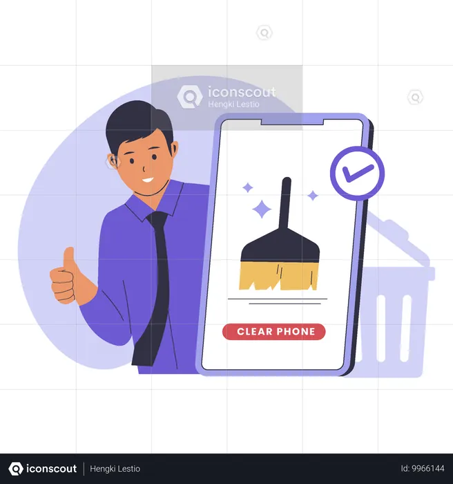 Businessman showing thumbs up while  looking Junk cleaner app  Illustration