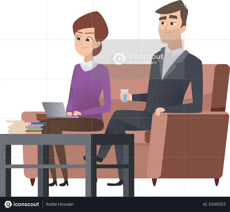 Businessman sitting at office with assistant on couch  Illustration