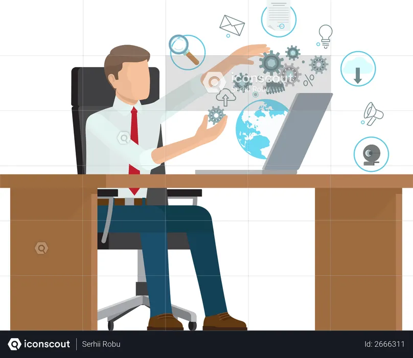 Businessman sitting in office and working globally  Illustration