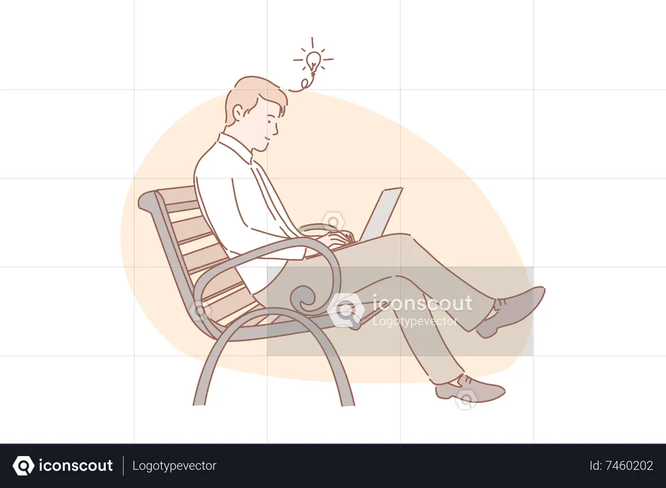 Businessman sitting on bench and working on laptop  Illustration