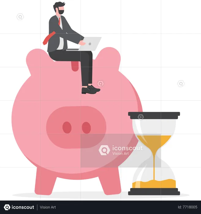 Businessman sitting on piggy bag with laptop  Illustration