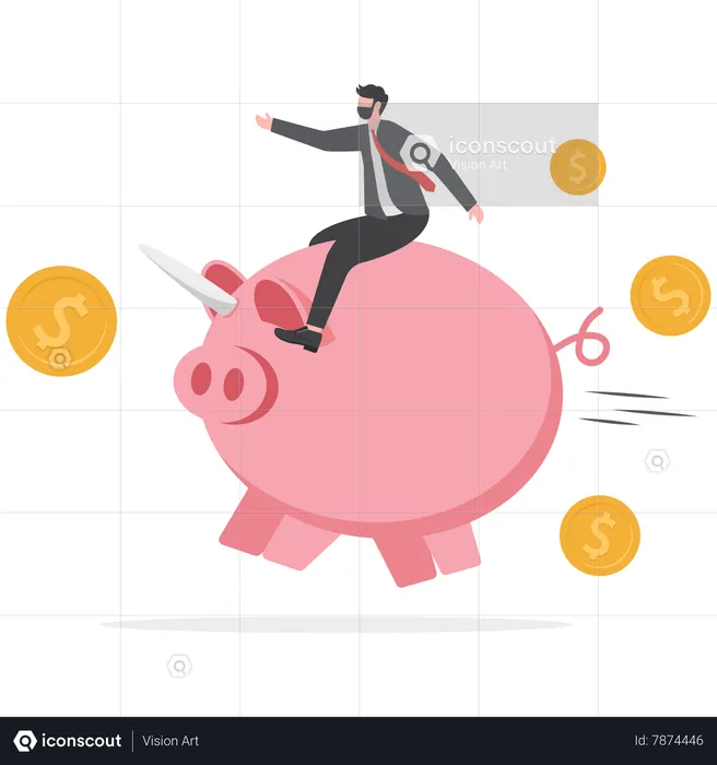 Businessman sitting on piggy bank and going for success  Illustration