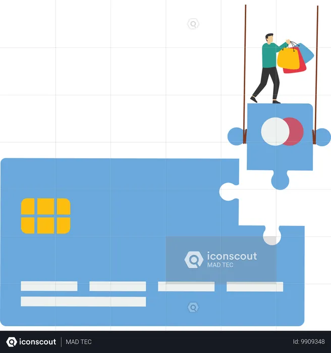 사업가가 은행 카드 퍼즐 조각에 앉아 쇼핑백을 들고 있다  일러스트레이션