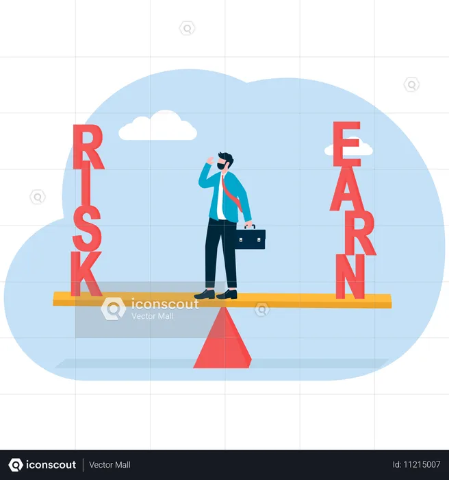 Businessman sitting on seesaw and thinking how to balance risk and reward  Illustration