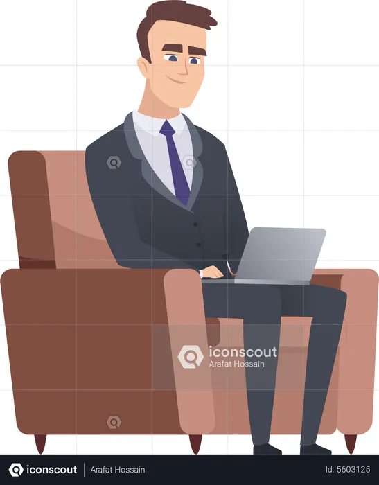 Businessman sitting on sofa with laptop  Illustration