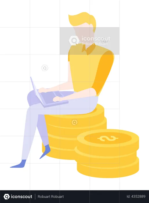 Businessman sitting on stack of gold coins with laptop  Illustration