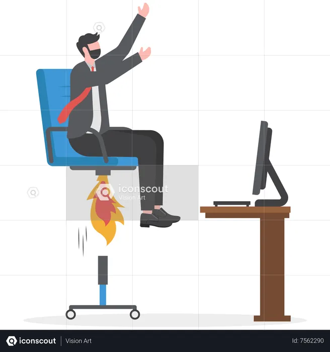Businessman sitting on take off office chair with jetpack or rocket booster  Illustration