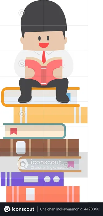 Businessman sitting on the stack of book and read it  Illustration