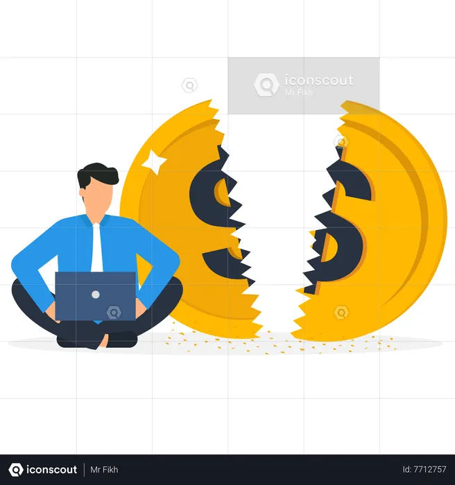 Businessman sitting with broken money coins  Illustration