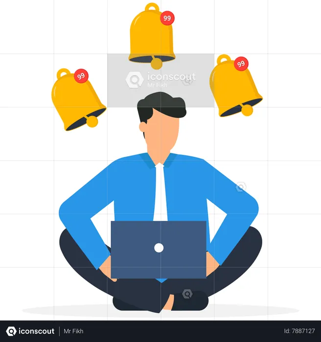 Businessman sitting with laptop and ringing bell notifications  Illustration