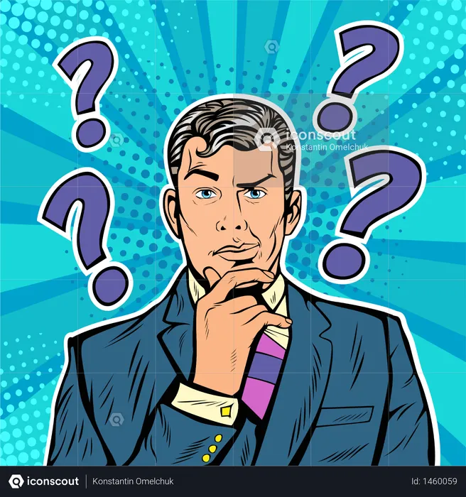 Businessman skeptical facial expressions face with question marks upon his head. Pop art retro vector illustration in comic style  Illustration