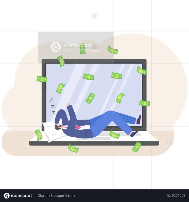 Businessman sleep with his laptop showing growing bar chart  Illustration