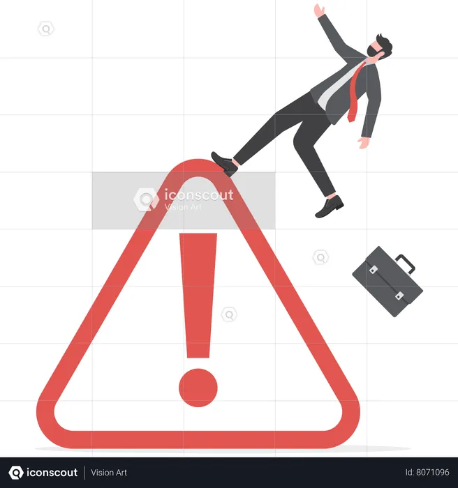 Businessman slip falling on exclamation symbol beware  Illustration