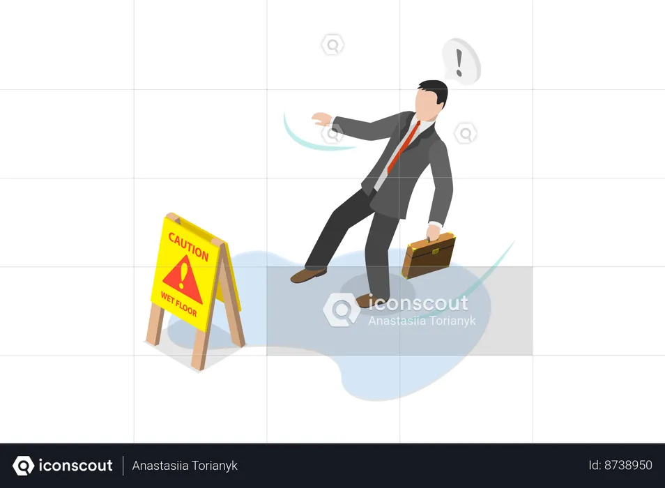 Businessman slipping and downfall at Caution Wet Floor  Illustration