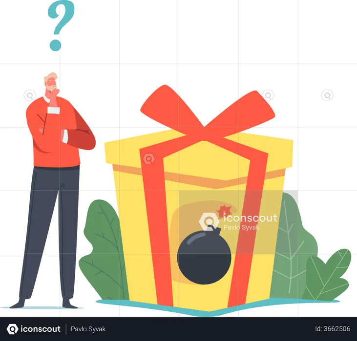 Businessman Stand at Huge Gift Box with Hidden Burning Bomb  Illustration