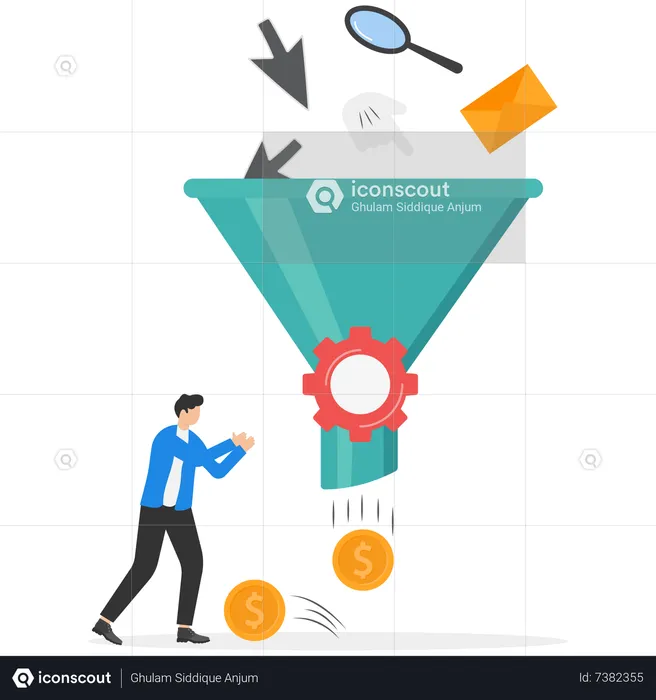 Businessman stand with money coin from sales funnel  Illustration