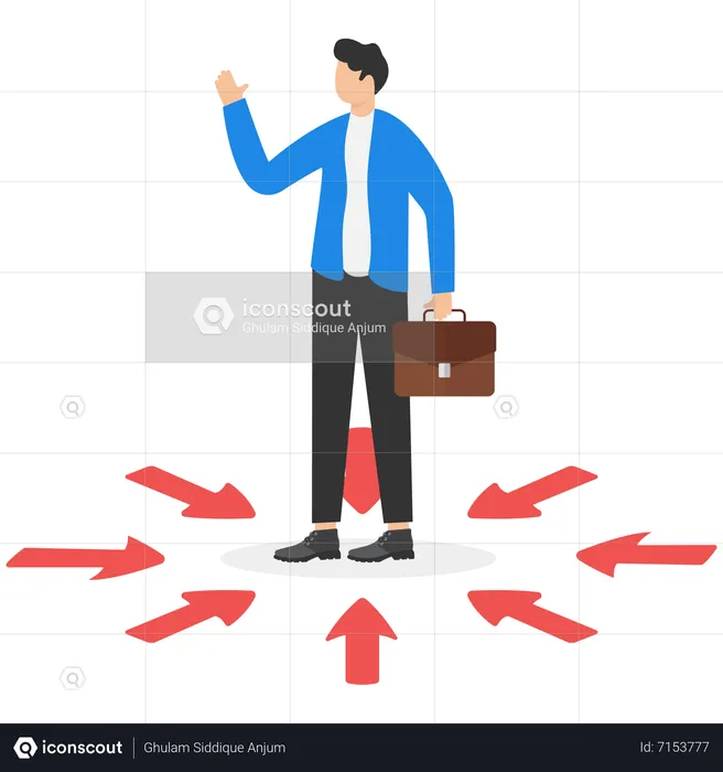 Businessman standing among arrows with different directions directing toward him  Illustration