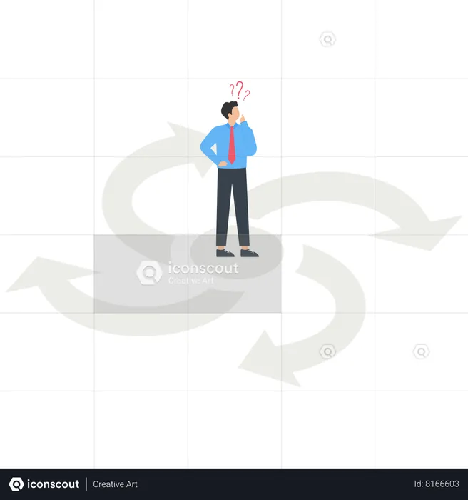 Businessman standing at the intersection not sure which arrow to choose which direction  Illustration
