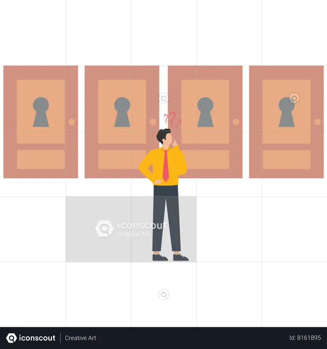 Businessman standing in front four closed doors  Illustration