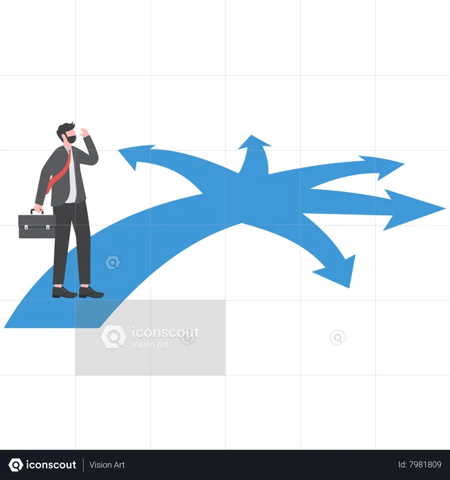 Businessman standing in front of crossroad with roads split in multi different ways as arrows  Illustration