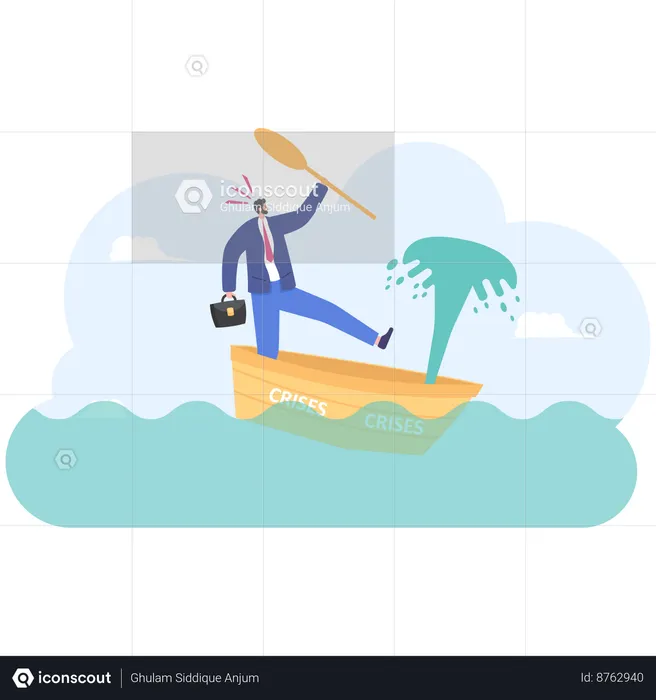 Businessman standing in leaking boat  Illustration