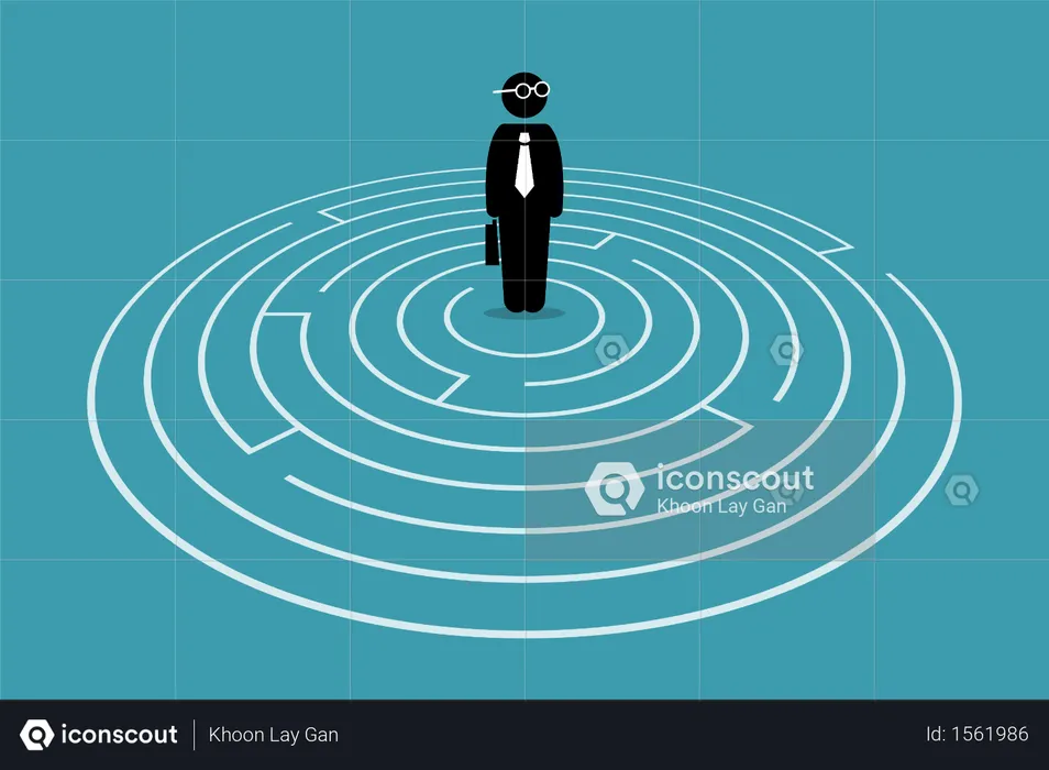 Businessman standing in the center of a maze  Illustration