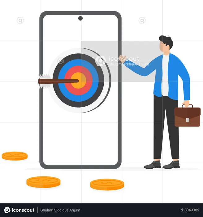 Businessman standing near big smartphone with mobile strategy  Illustration