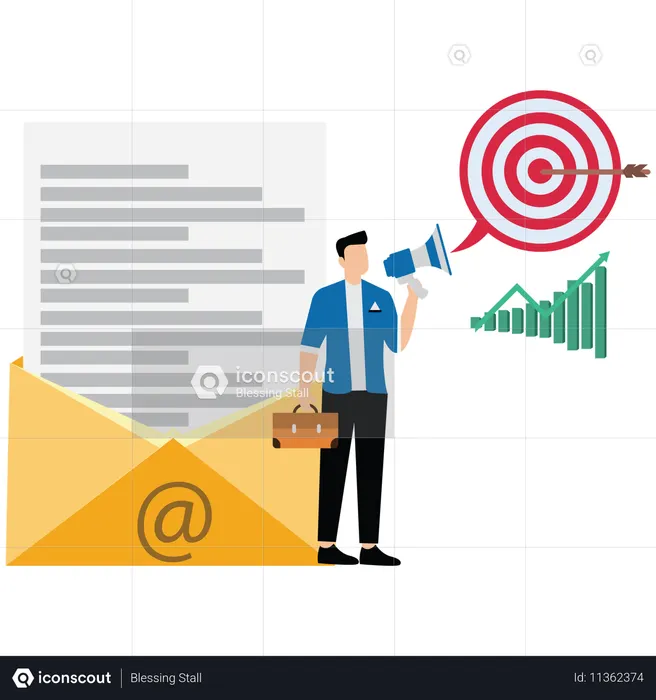 Businessman standing next to email envelope announcing promotion through megaphone  Illustration