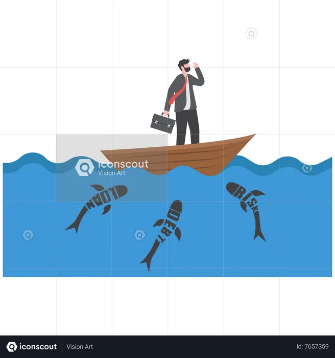 Businessman standing on a boat looking for opportunities through binoculars  Illustration