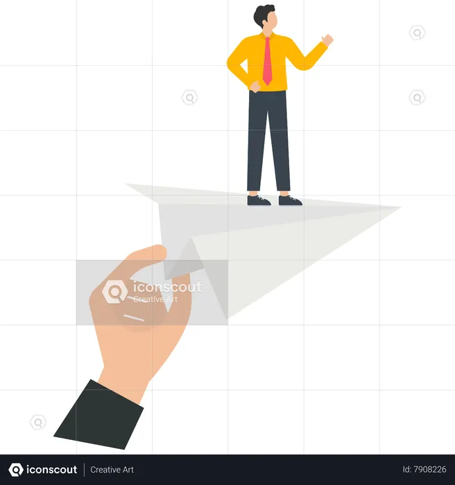 Businessman standing on a red paper airplane with a helping hand  Illustration
